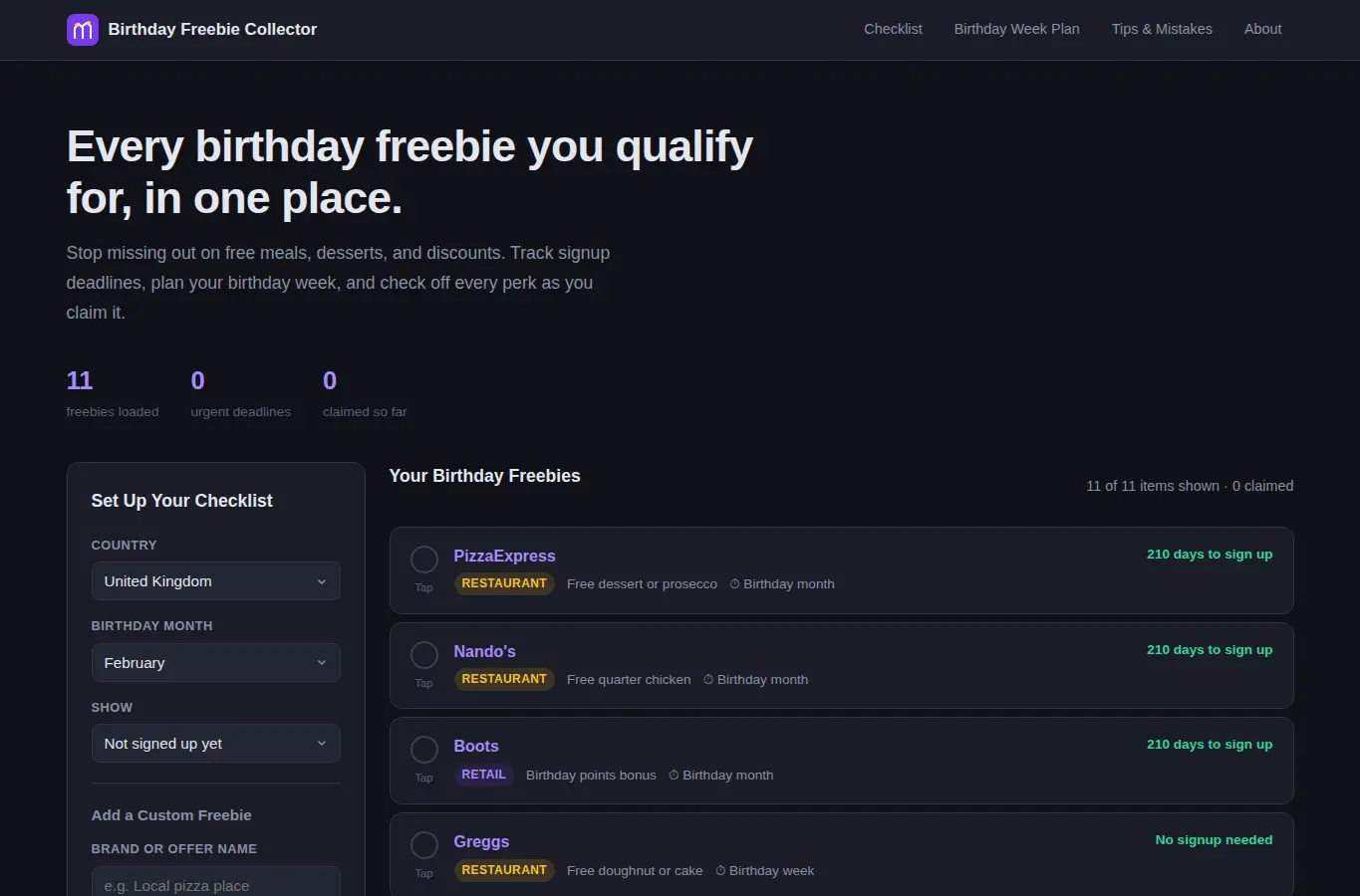 Screenshot of Birthday Freebie Collector interface showing the project page in use